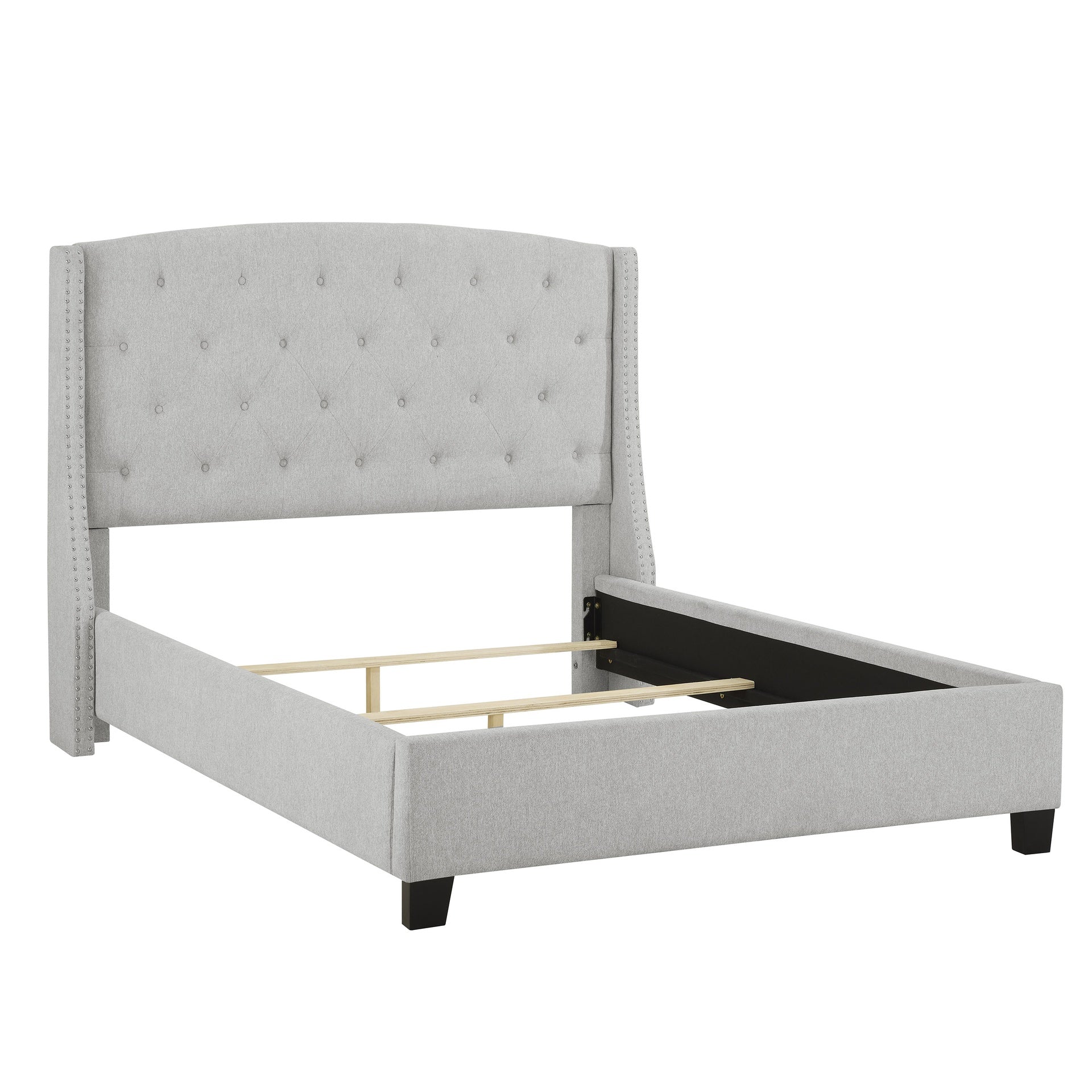 1pc Queen Size Upholstered Panel Bed Button Tufted Nail head Dove Gray Wood Fabric Bedroom Furniture