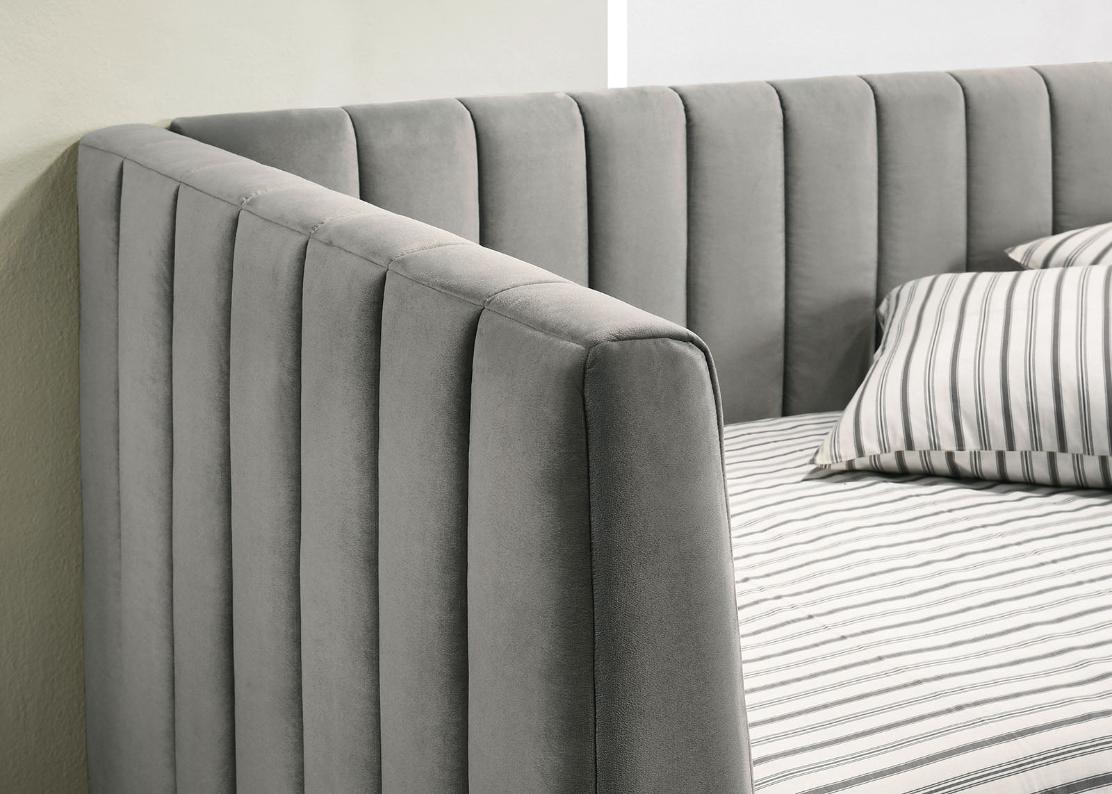 Contemporary Style Tuxedo Inspired Seating Daybed Attached Gold Metal Legs Channel Tufting Light Gray Finish