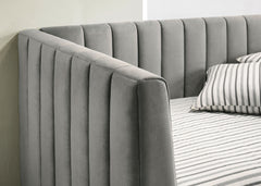 Contemporary Style Tuxedo Inspired Seating Daybed Attached Gold Metal Legs Channel Tufting Light Gray Finish