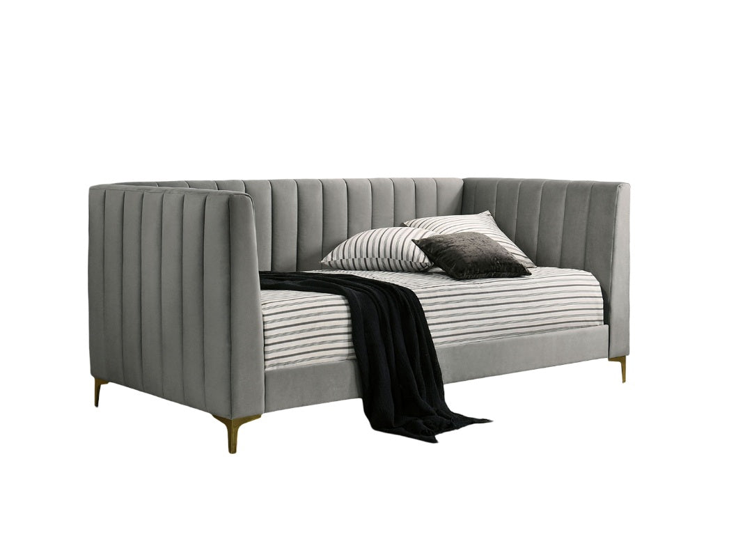 Contemporary Style Tuxedo Inspired Seating Daybed Attached Gold Metal Legs Channel Tufting Light Gray Finish