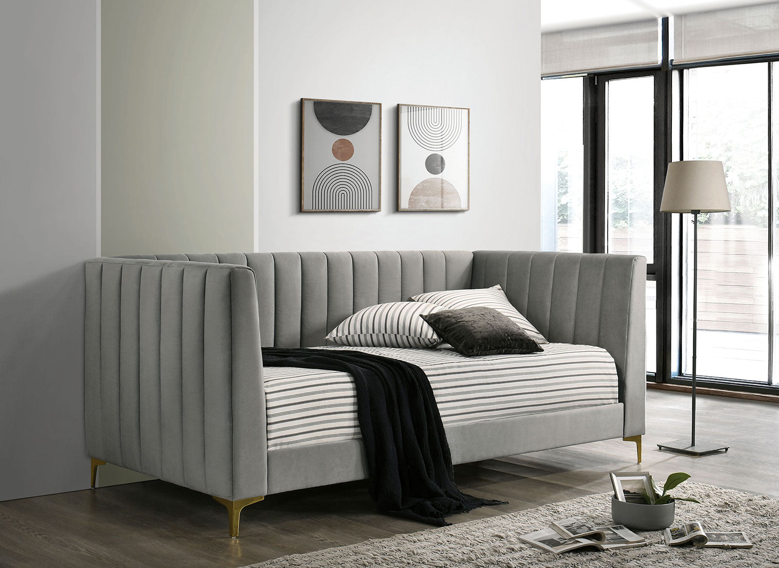 Contemporary Style Tuxedo Inspired Seating Daybed Attached Gold Metal Legs Channel Tufting Light Gray Finish