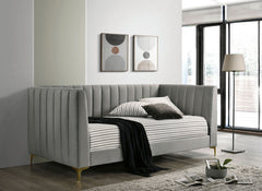 Contemporary Style Tuxedo Inspired Seating Daybed Attached Gold Metal Legs Channel Tufting Light Gray Finish
