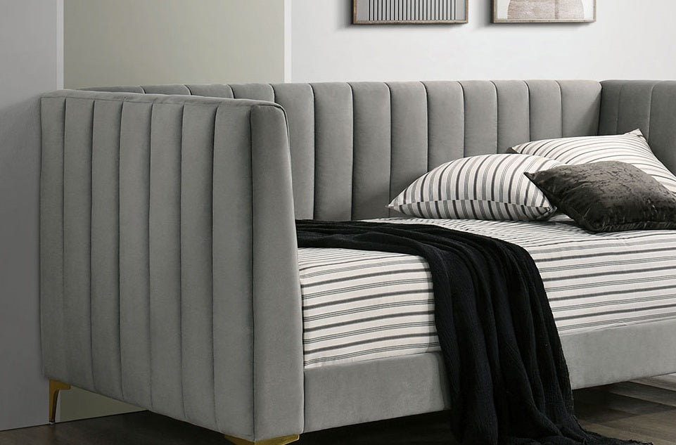 Contemporary Style Tuxedo Inspired Seating Daybed Attached Gold Metal Legs Channel Tufting Light Gray Finish