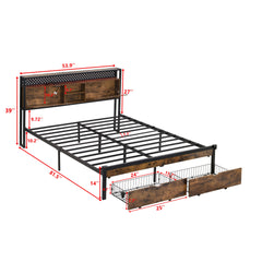 Full Size Metal Platform Bed Frame with Wooden Headboard and with Footboard USB,Charging Station,2 Drawers,storage, LED Lights, No Box Spring Needed, Easy Assemble