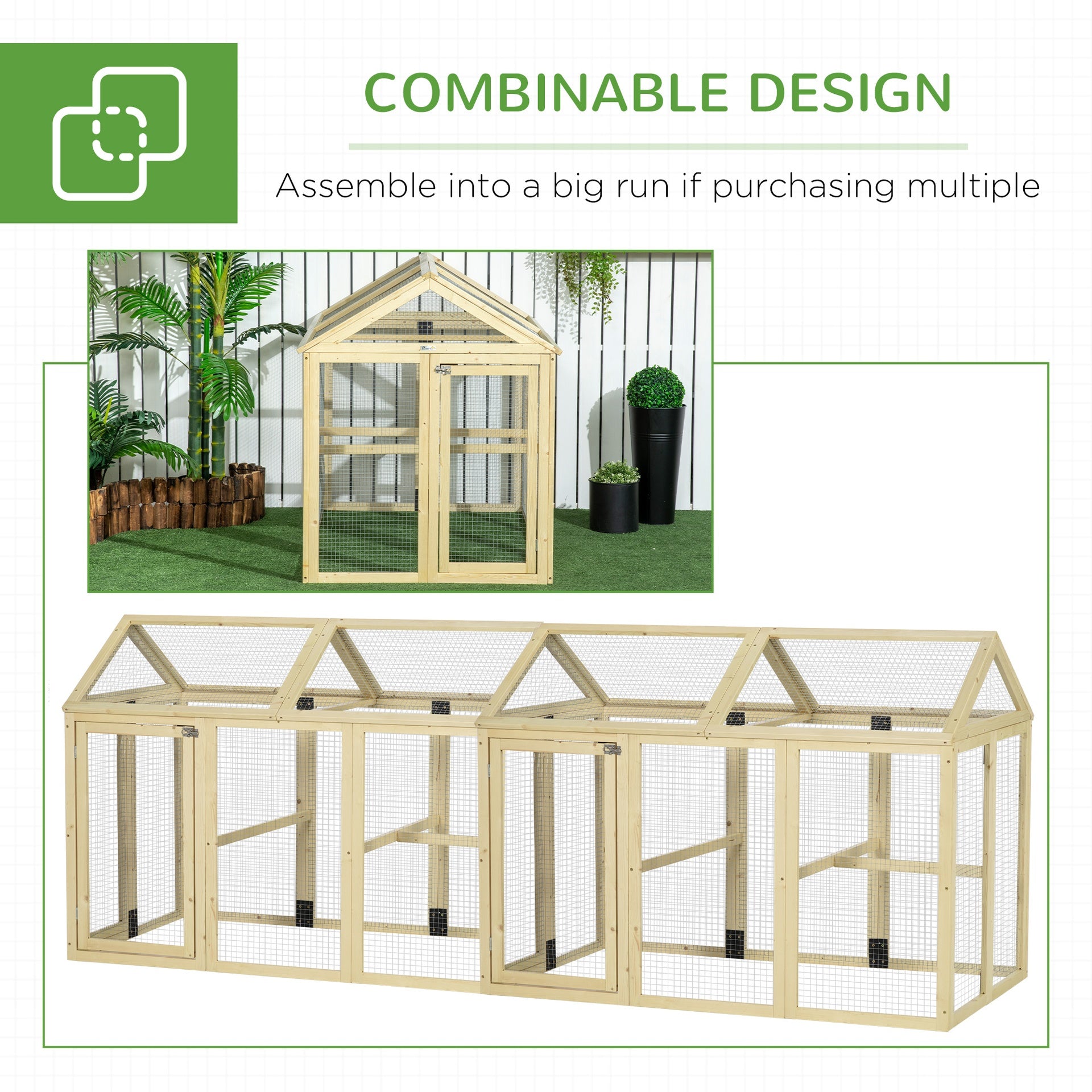 PawHut Chicken Run, Wooden Large Chicken Coop, Combinable Design with Perches & Doors for Outdoor, Backyard, Farm, 4.6' x 2.8', Nature Wood