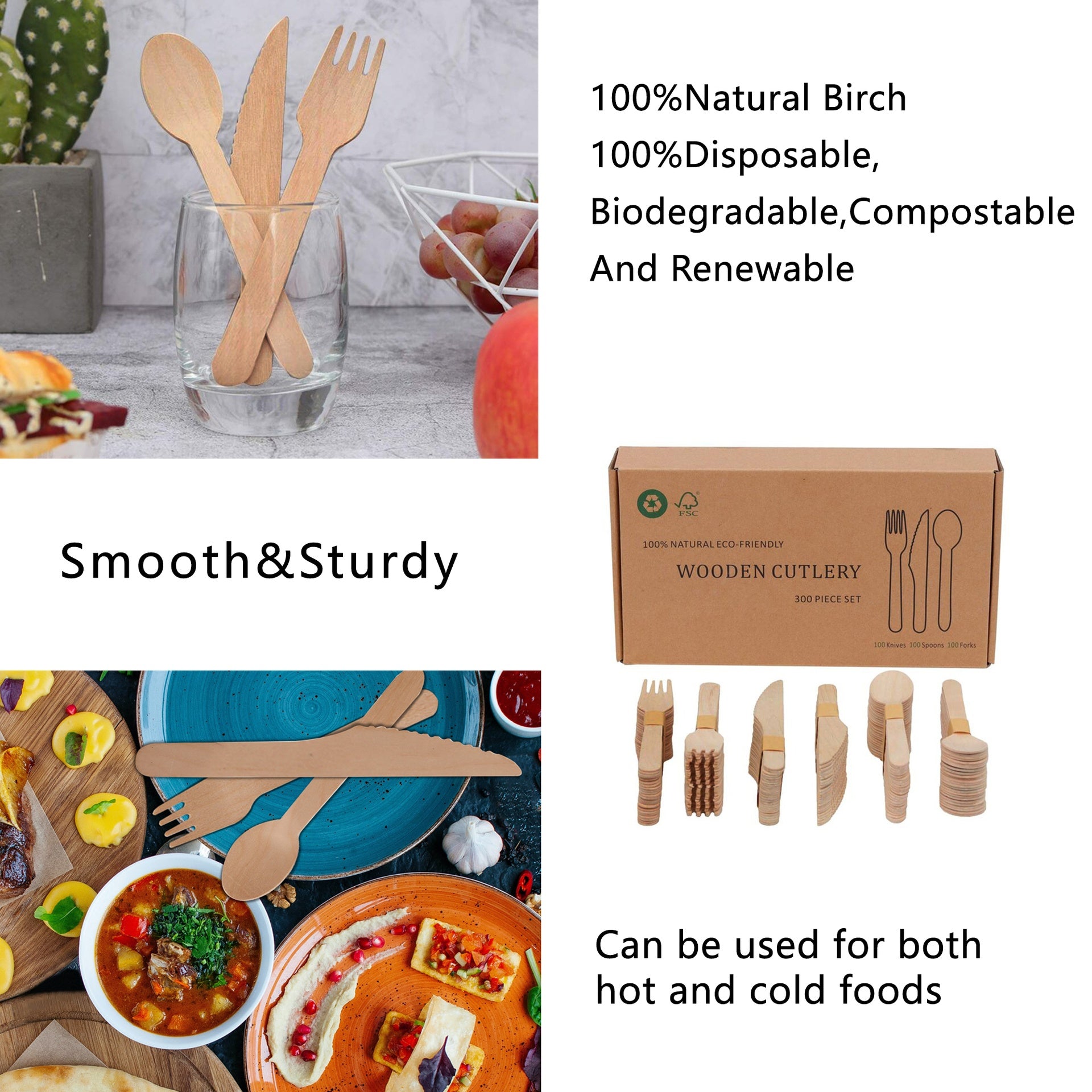 Wooden Compostable Utensils Set - 300 Pieces (100 Forks 100 Spoons 100 Knives) Sturdy Wood Disposable Cutlery - Eco-Friendly Biodegradable Utensils for Party - Free From Plastic Cutlery Set for Eating