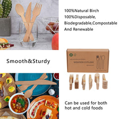 Wooden Compostable Utensils Set - 300 Pieces (100 Forks 100 Spoons 100 Knives) Sturdy Wood Disposable Cutlery - Eco-Friendly Biodegradable Utensils for Party - Free From Plastic Cutlery Set for Eating