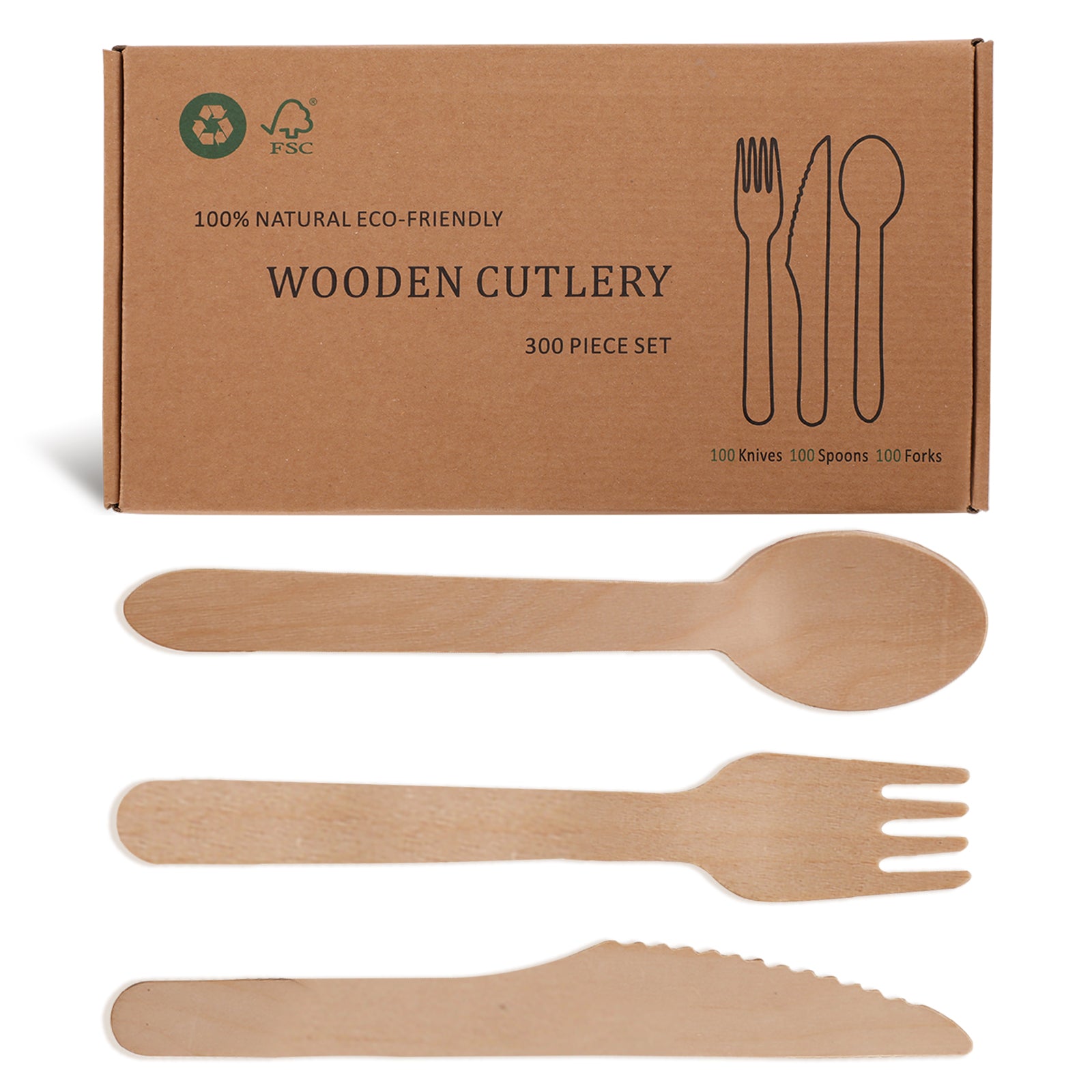 Wooden Compostable Utensils Set - 300 Pieces (100 Forks 100 Spoons 100 Knives) Sturdy Wood Disposable Cutlery - Eco-Friendly Biodegradable Utensils for Party - Free From Plastic Cutlery Set for Eating