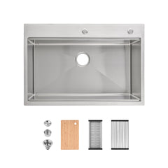 Stainless Steel Kitchen Sink, 33″x22″ Single Bowl, Overmount Handmade Sink in Brushed, with Cutting Board, Colander, SS-BR01D-332208
