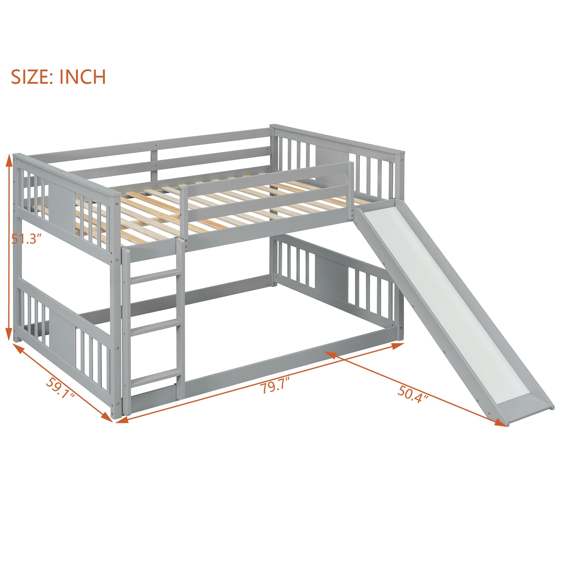 Full Over Full Bunk Bed with Ladder with Slide, Gray