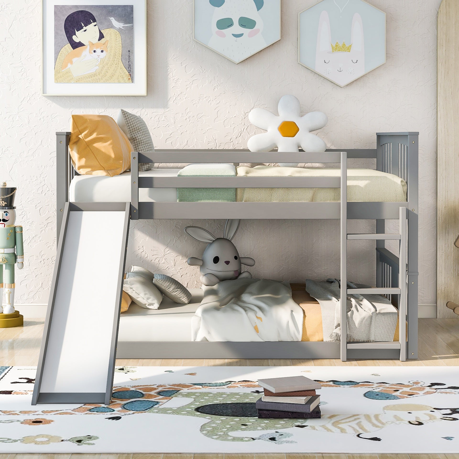 Full Over Full Bunk Bed with Ladder with Slide, Gray