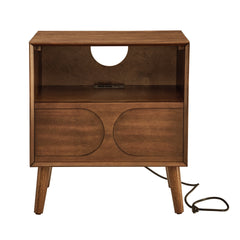 Mid Century Modern Fluted Nightstand with Charging Station USB Ports & Outlet Hole & 4 Solid Wood Legs, Farmhouse End Table with Open Space and Drawer Dresser, Walnut
