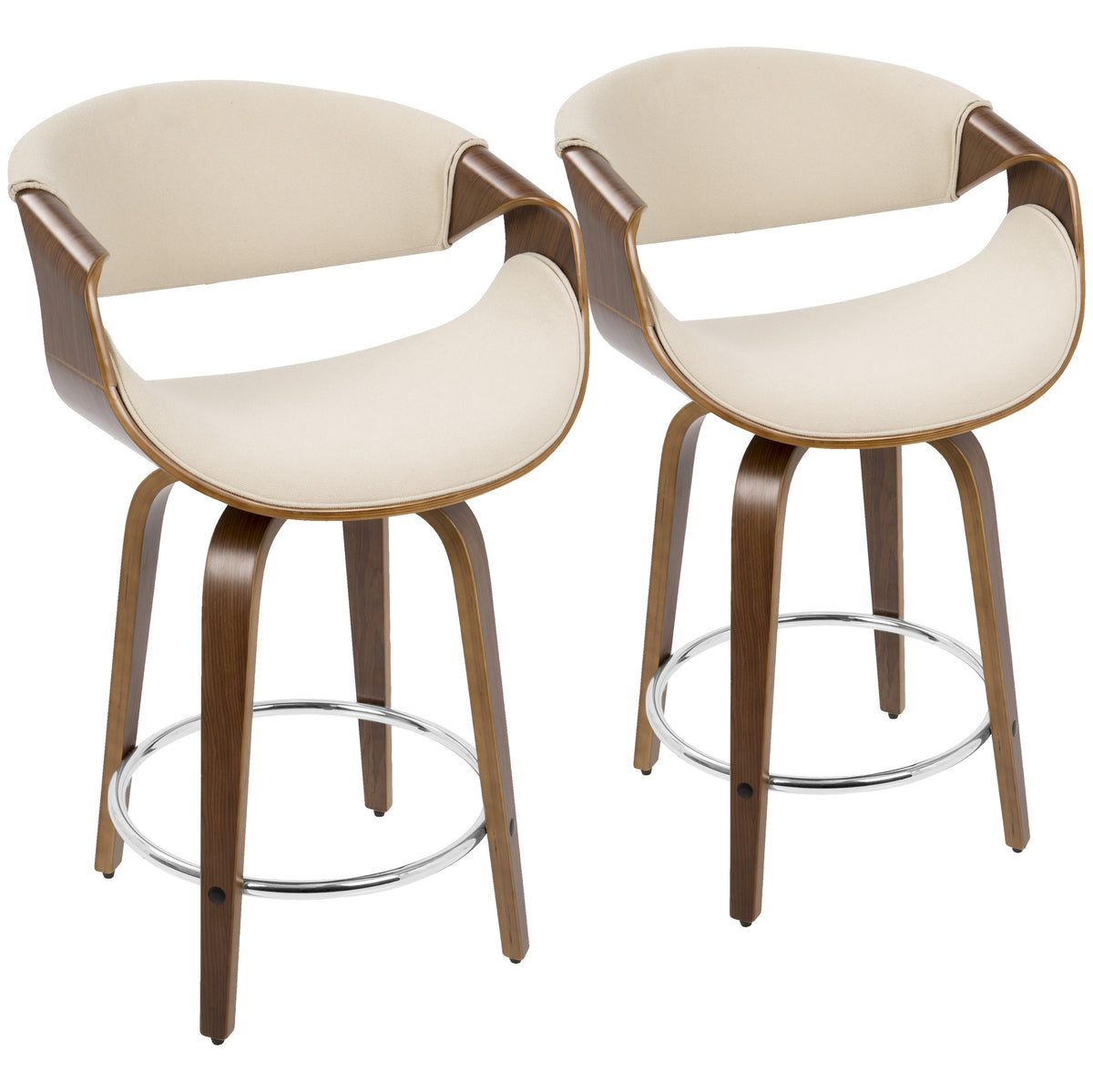 Curvini Mid-Century Modern Counter Stool in Walnut Wood and Cream Fabric by LumiSource - Set of 2