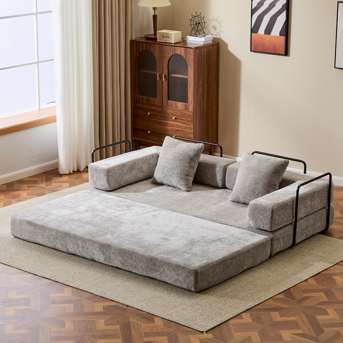 Floor Couch,Compression Sofa,Convertible Floor Sofa Bed-with Pillow Back Support Armrest,Comfy Futon Couch Lounge Sleeper Bed,Chenille fabric,for Living Room Bedroom (LIGHT-GREY)