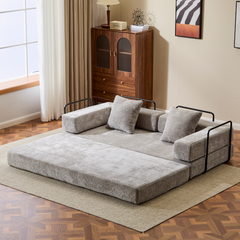 Floor Couch,Compression Sofa,Convertible Floor Sofa Bed-with Pillow Back Support Armrest,Comfy Futon Couch Lounge Sleeper Bed,Chenille fabric,for Living Room Bedroom (LIGHT-GREY)