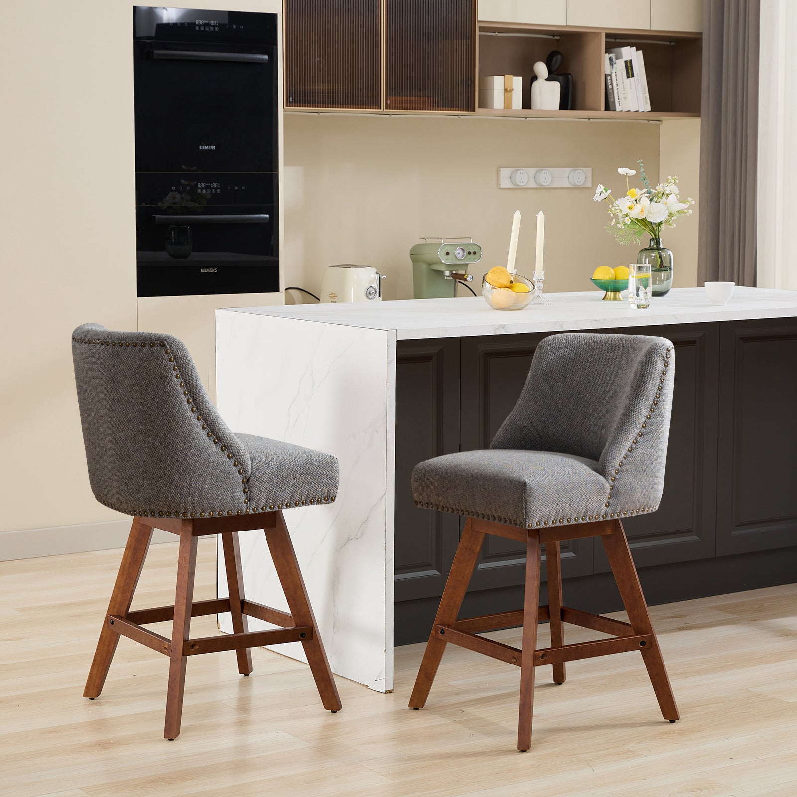Counter Height Swivel Barstools, 26'' H Seat Height Upholstered Bar Stools Set of 2, Fabric in Gray