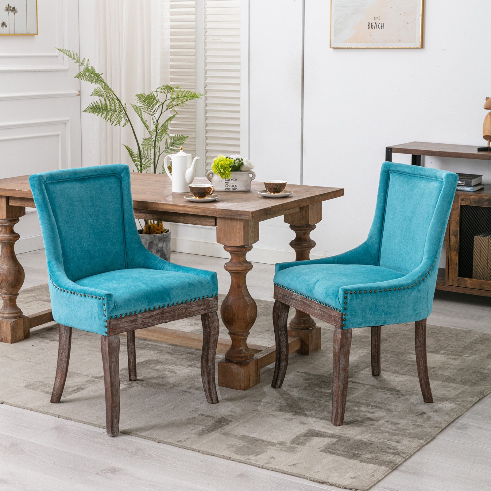 A&amp;A Furniture,Ultra Side Dining Chair，Thickened fabric chairs with neutrally toned solid wood legs， Bronze nail head，Set of 2，Blue