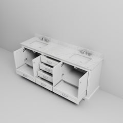 White Double Bath Vanity 80 in. W x 22 in. D, Carrara Marble Top, and Faucet Set