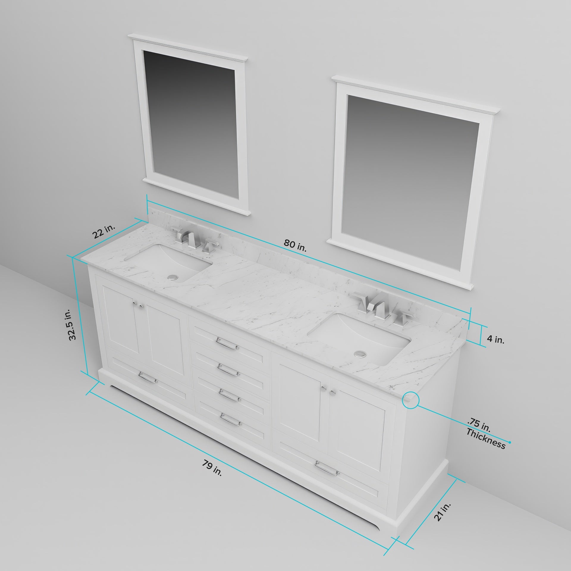 White Double Bath Vanity 80 in. W x 22 in. D, Carrara Marble Top, and Faucet Set