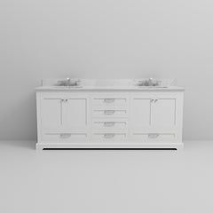 White Double Bath Vanity 80 in. W x 22 in. D, Carrara Marble Top, and Faucet Set