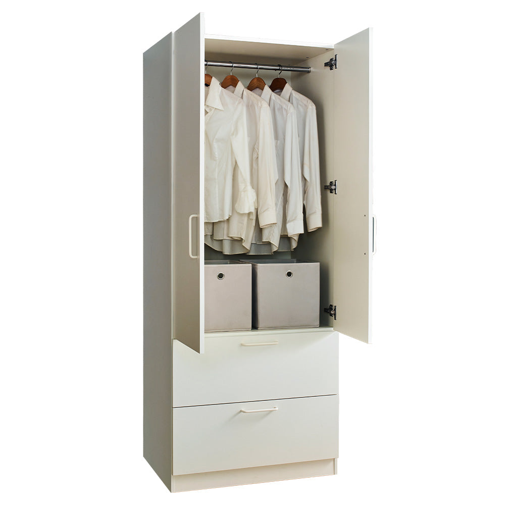 Emma Two-Door Wood Closet with Two Drawers and Hanging Bars in White