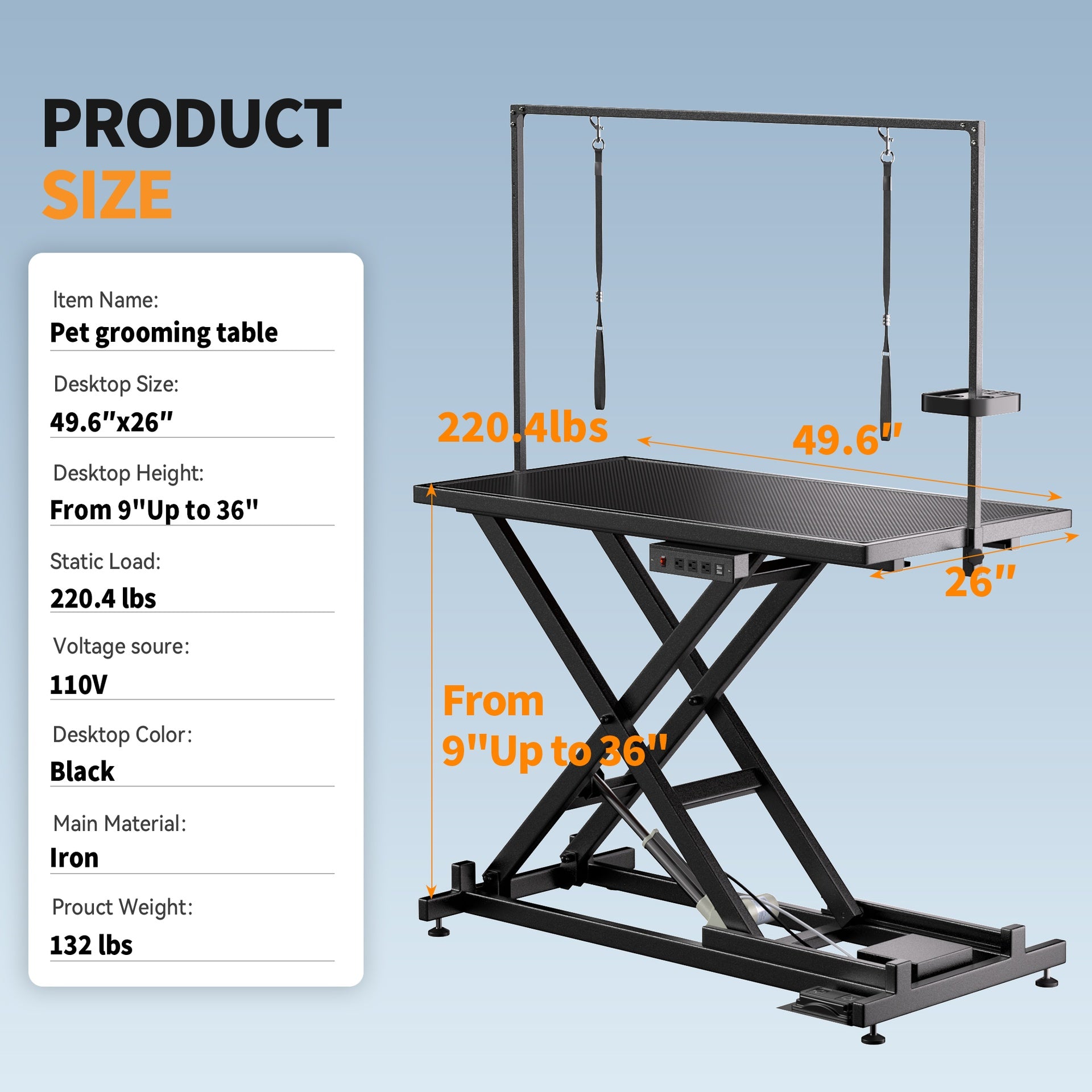 Professional Electric Dog Grooming Table - Heavy Duty, Height Adjustable Pet Grooming Table w/Leveling Wheels, Dog Grooming Arm, Anti Slip Tabletop & Tool Organizer/Dog Grooming Station (50", BLACK)