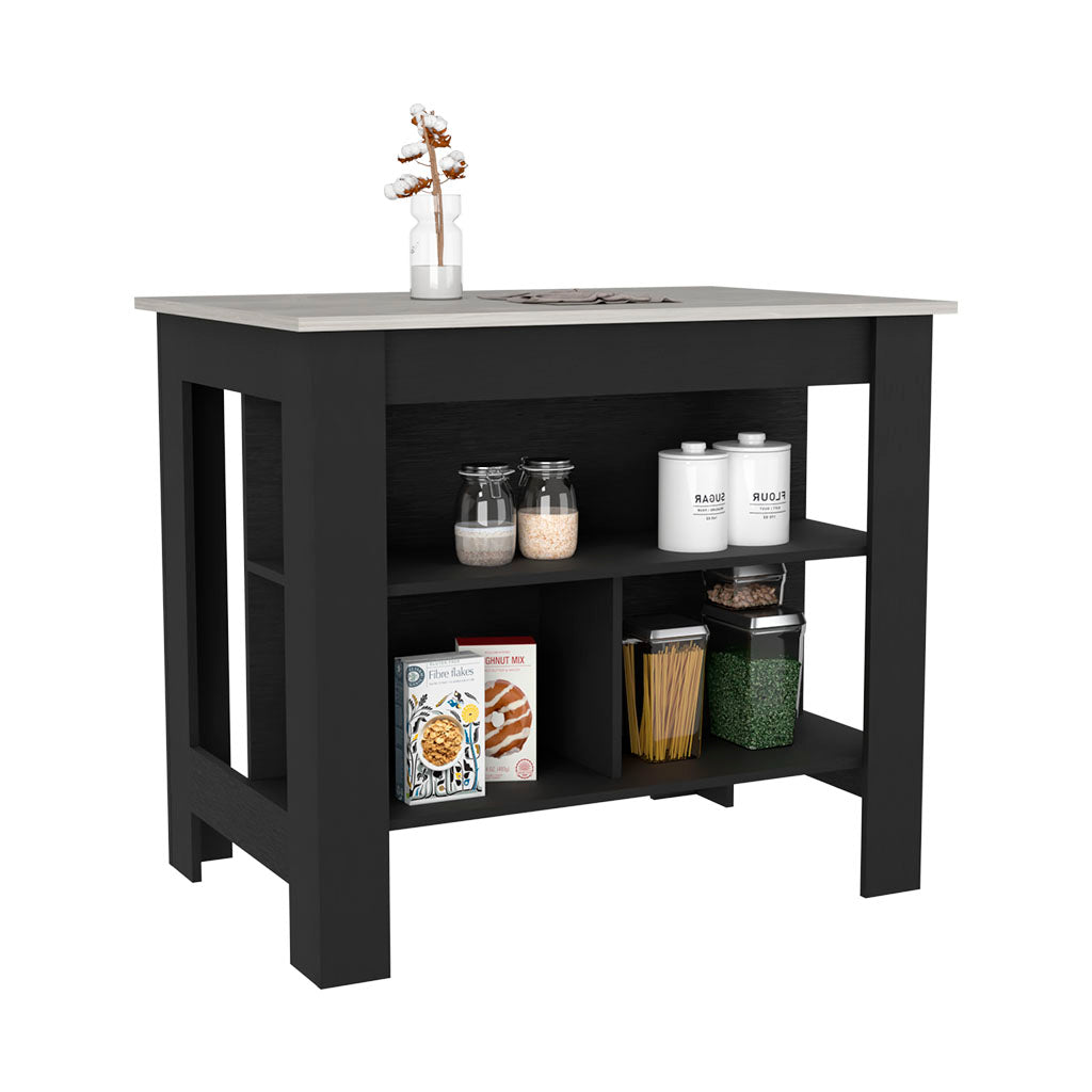 Kitchen Island Dozza, Three Shelves, Black / Ibiza Marble Color Finish