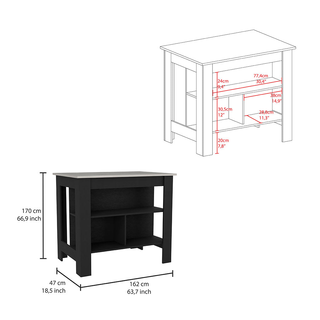 Kitchen Island Dozza, Three Shelves, Black / Ibiza Marble Color Finish
