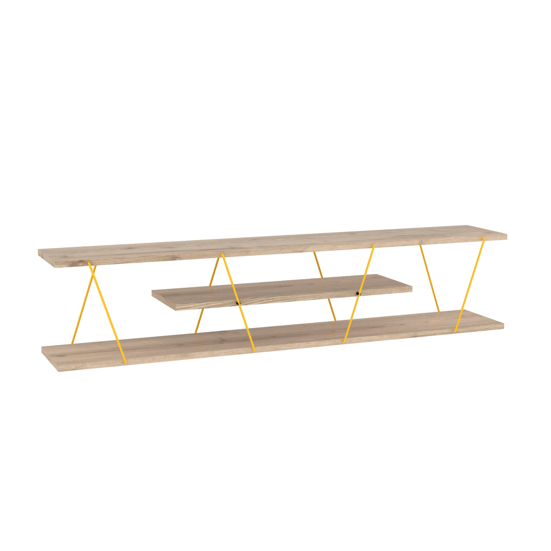 FurnisHome Store Tars Mid Century Modern Tv Stand 4 Shelves Open Storage Metal Cords Entertainment Centre 56 inch Low Tv Unit, Oak/Yellow