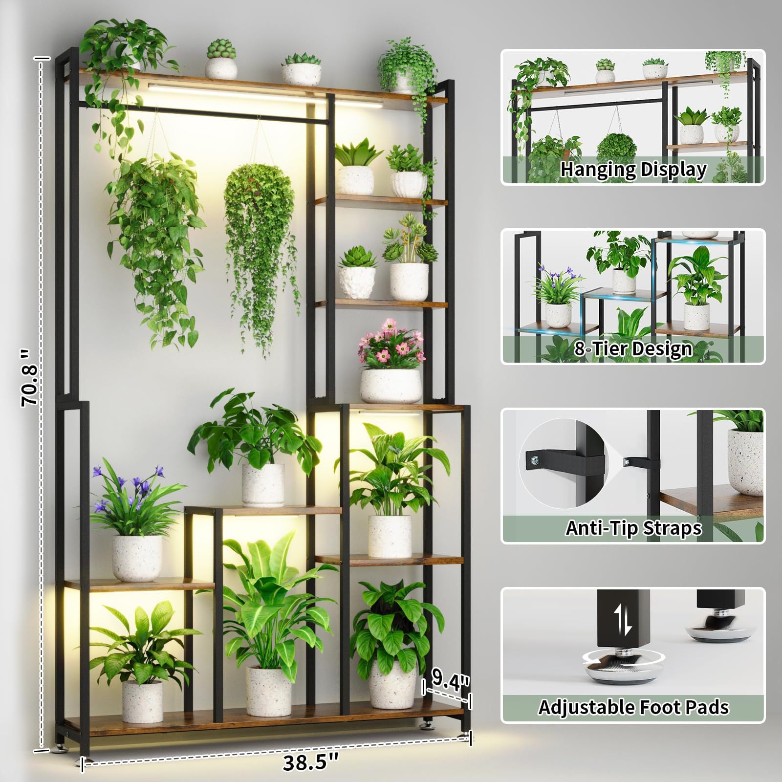 Large Plant Stand Indoor with Grow Light, 71 Inches Tall Plant Shelf, 8 Tiered Heavy-Duty Metal Plant Stand, Square Flower Stand Display Rack for Living Room, Balcony, Patio, Garden