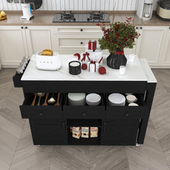 74.8" Kitchen Island with Extendable Dining Table, Marble Veneer Top & Built-in Power Outlet - Mobile Storage Cart with 3 Drawers & Cabinet, Rolling Kitchen Cart for Dining Room, Black