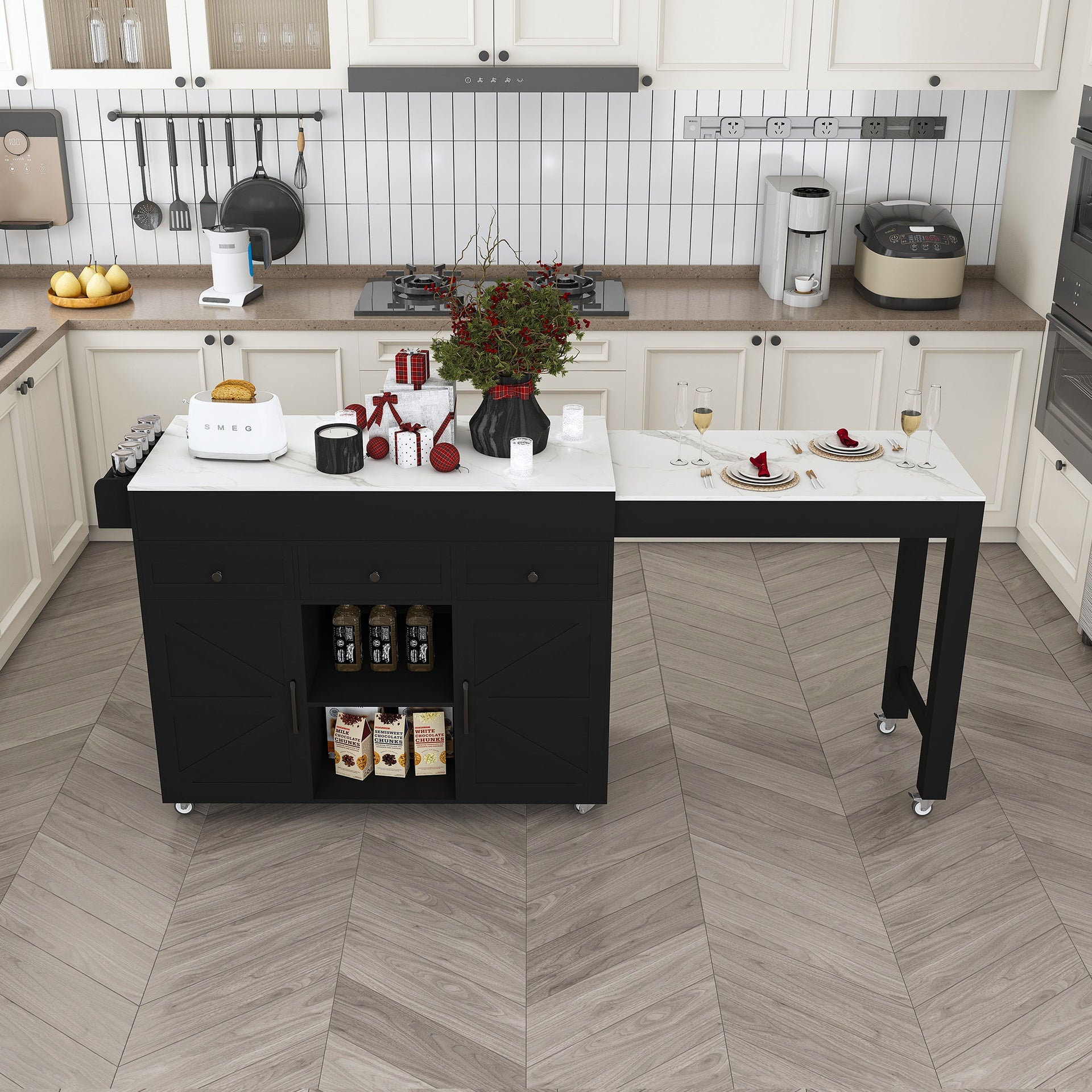 74.8" Kitchen Island with Extendable Dining Table, Marble Veneer Top & Built-in Power Outlet - Mobile Storage Cart with 3 Drawers & Cabinet, Rolling Kitchen Cart for Dining Room, Black