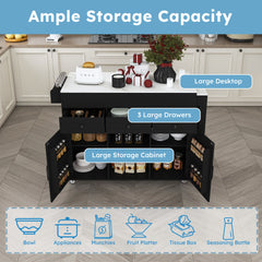 74.8" Kitchen Island with Extendable Dining Table, Marble Veneer Top & Built-in Power Outlet - Mobile Storage Cart with 3 Drawers & Cabinet, Rolling Kitchen Cart for Dining Room, Black