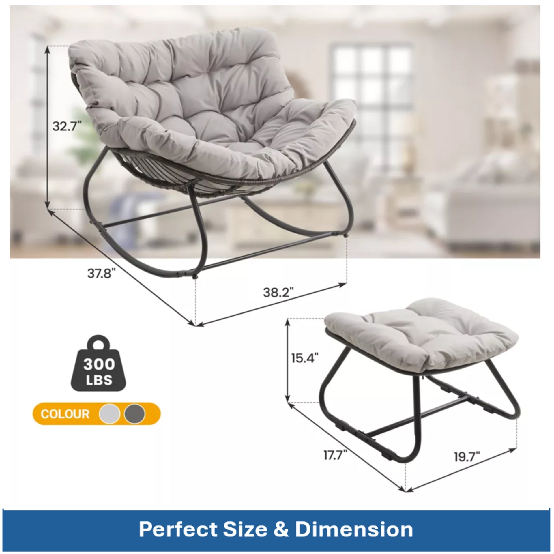 Light Gray Egg Rocking Chair with Ottoman, All-Weather Wicker Lounge & Cushions