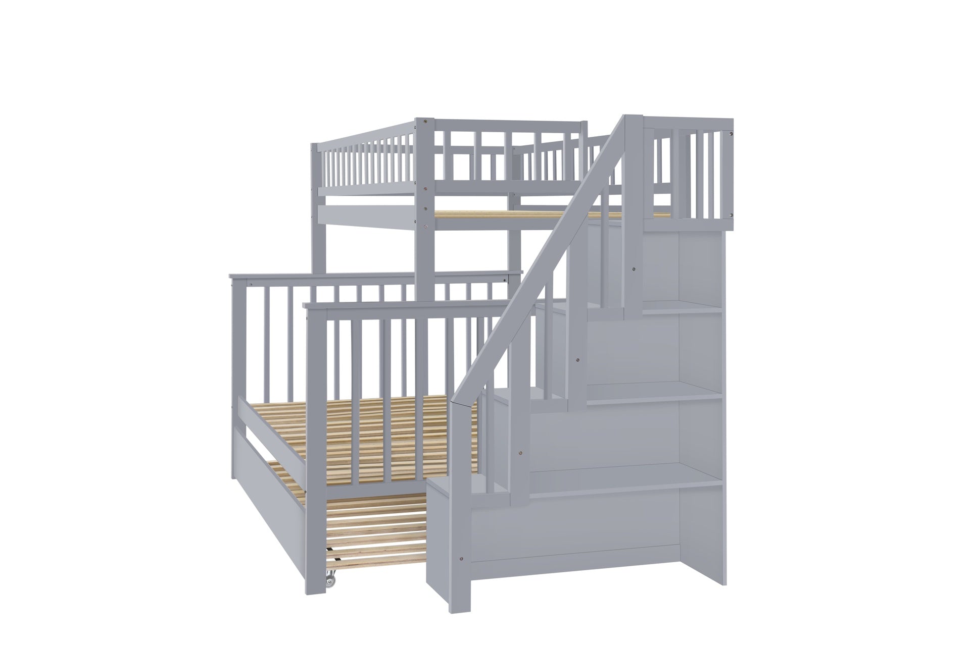 Twin over Full Stairway Bunk Bed with Trundle,Gray