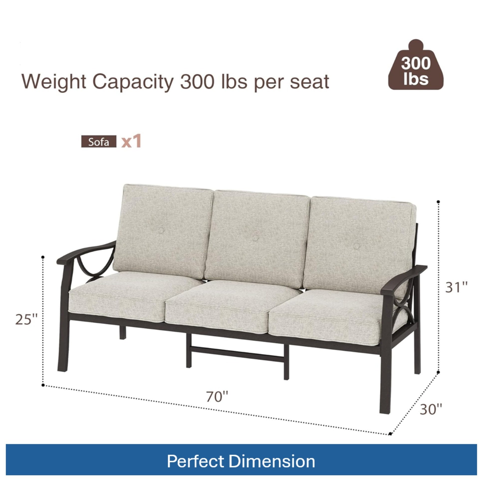 70 Inches All-Weather Metal 3-Seat Patio Sofa with Beige Cushions with Khaki Frame
