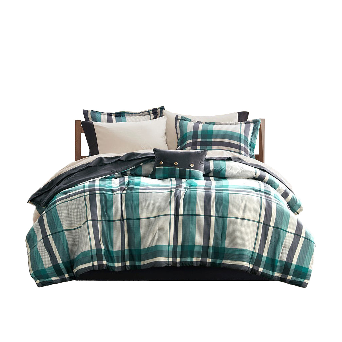 9 PCS Full Plaid Comforter Set with Bed Sheets Teal/Black