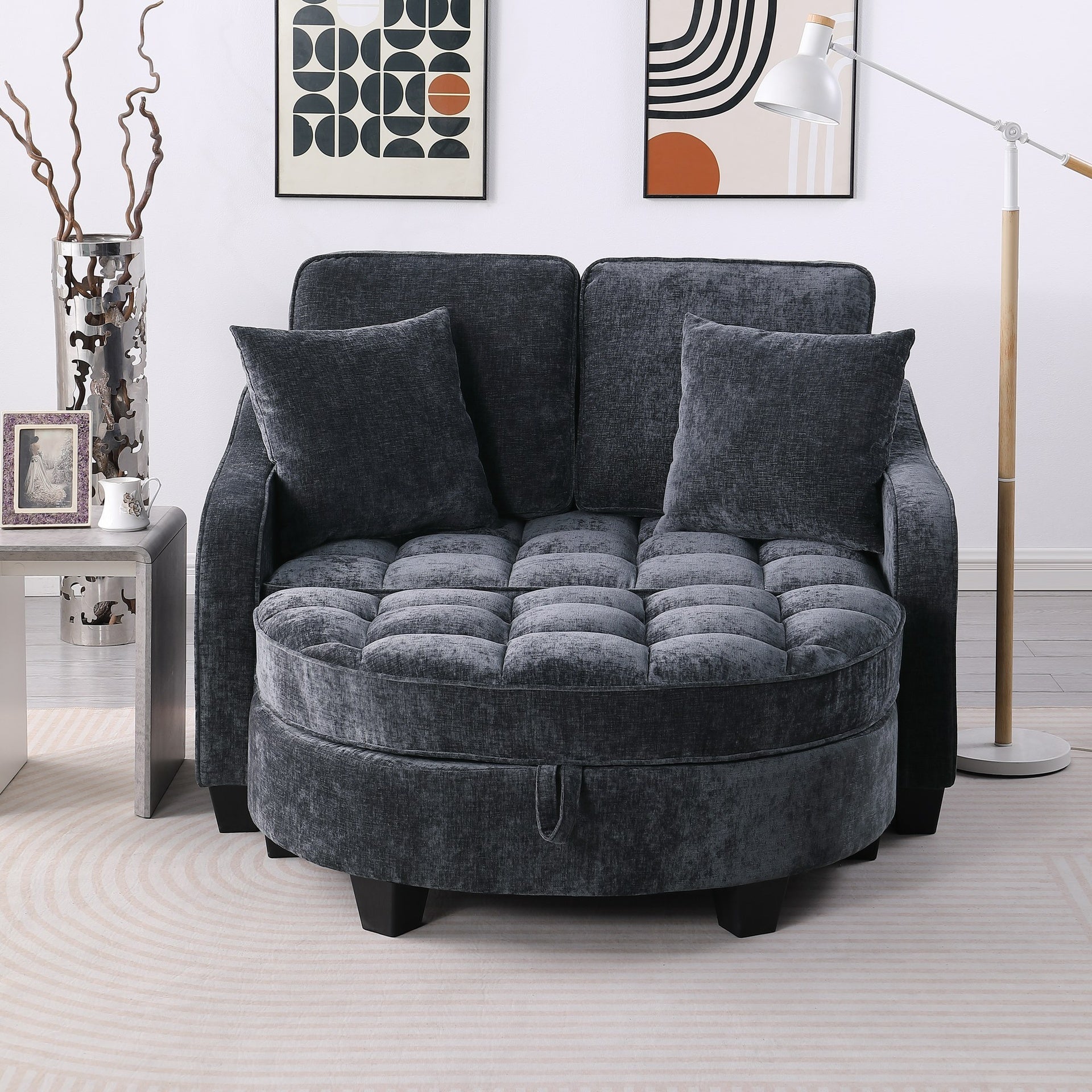 Two-seater sofa, double sofa chaise longue, with irregular armrests and backrests, footrest with storage space, comes with two small throw pillows, suitable for living room and bedroom - Black