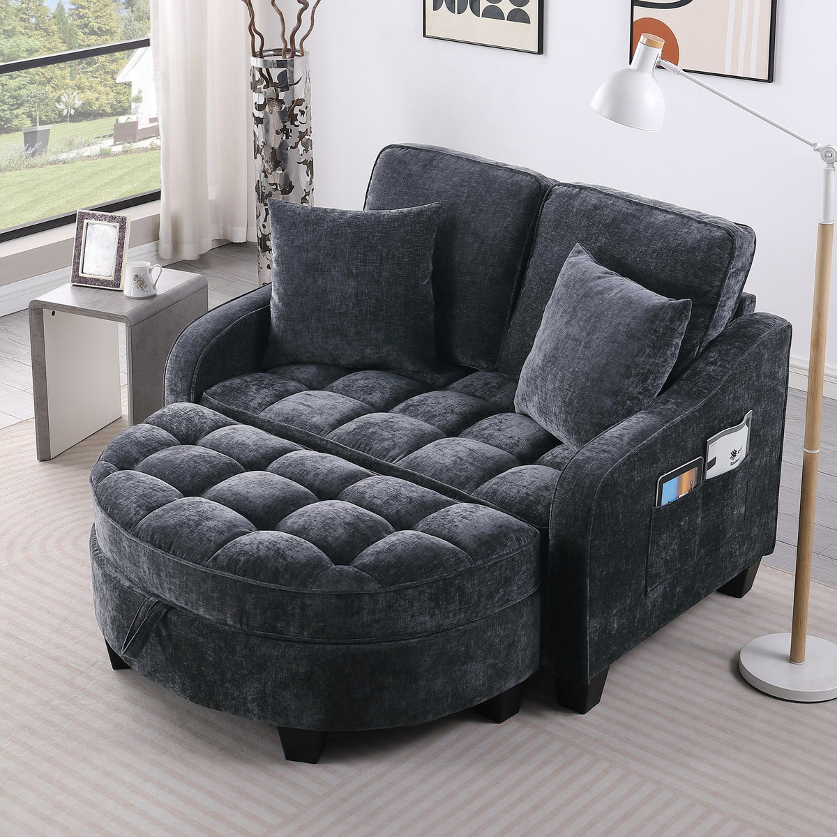 Two-seater sofa, double sofa chaise longue, with irregular armrests and backrests, footrest with storage space, comes with two small throw pillows, suitable for living room and bedroom - Black