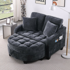 Two-seater sofa, double sofa chaise longue, with irregular armrests and backrests, footrest with storage space, comes with two small throw pillows, suitable for living room and bedroom - Black