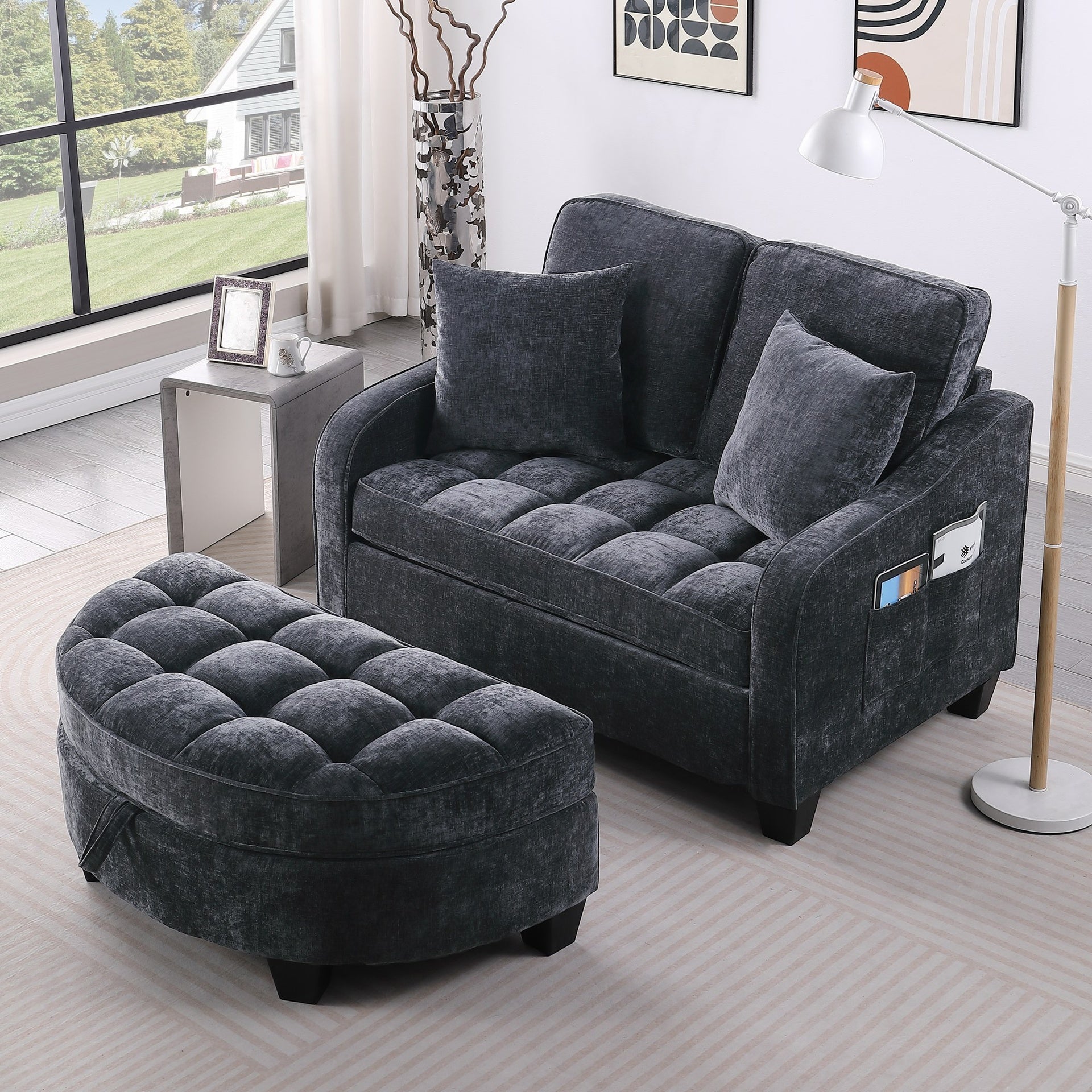 Two-seater sofa, double sofa chaise longue, with irregular armrests and backrests, footrest with storage space, comes with two small throw pillows, suitable for living room and bedroom - Black