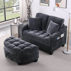 Two-seater sofa, double sofa chaise longue, with irregular armrests and backrests, footrest with storage space, comes with two small throw pillows, suitable for living room and bedroom - Black