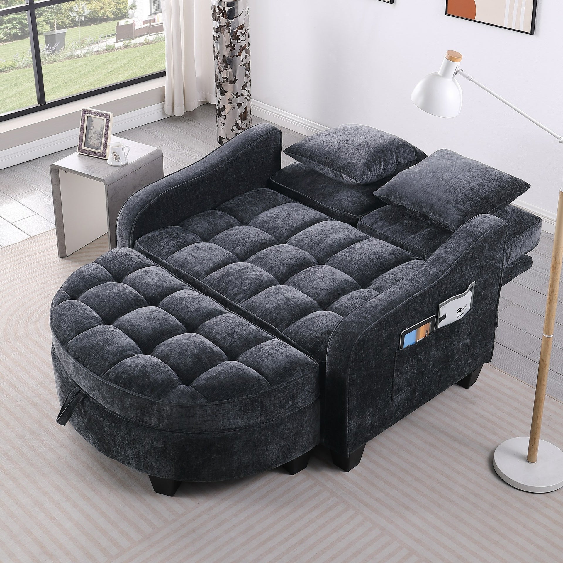 Two-seater sofa, double sofa chaise longue, with irregular armrests and backrests, footrest with storage space, comes with two small throw pillows, suitable for living room and bedroom - Black