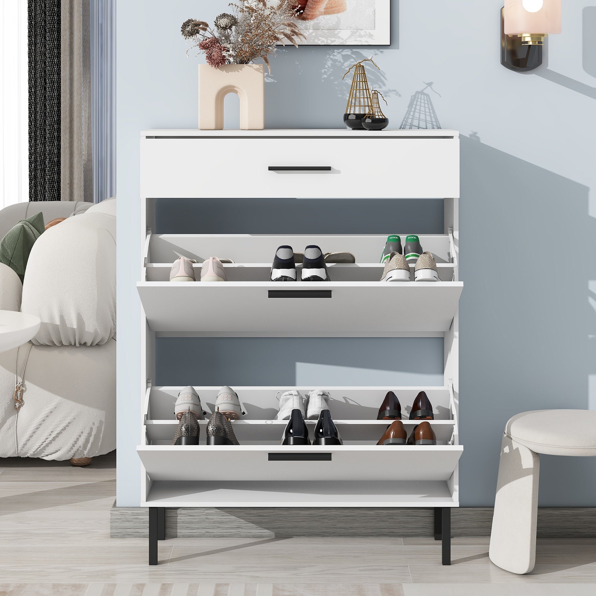 Shoe Cabinet, Freestanding Shoe Rack Storage Organizer with Drawers & Metal Legs, Modern Shoe Storage Cabinet with 2 Flip Drawers for Entryway