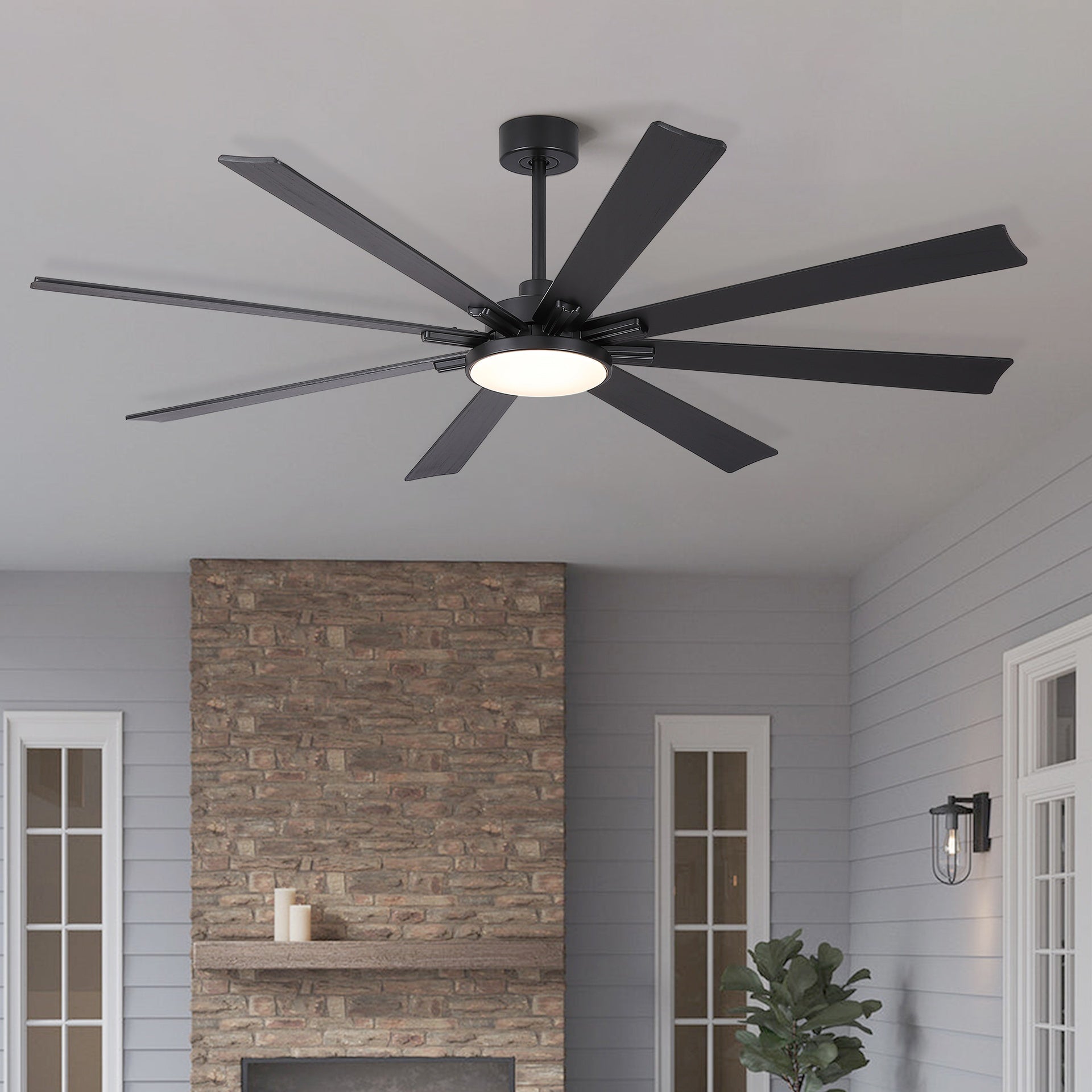72 inch Mordern Minimalism Black Ceiling Fan with Light and Solid Wood Blades