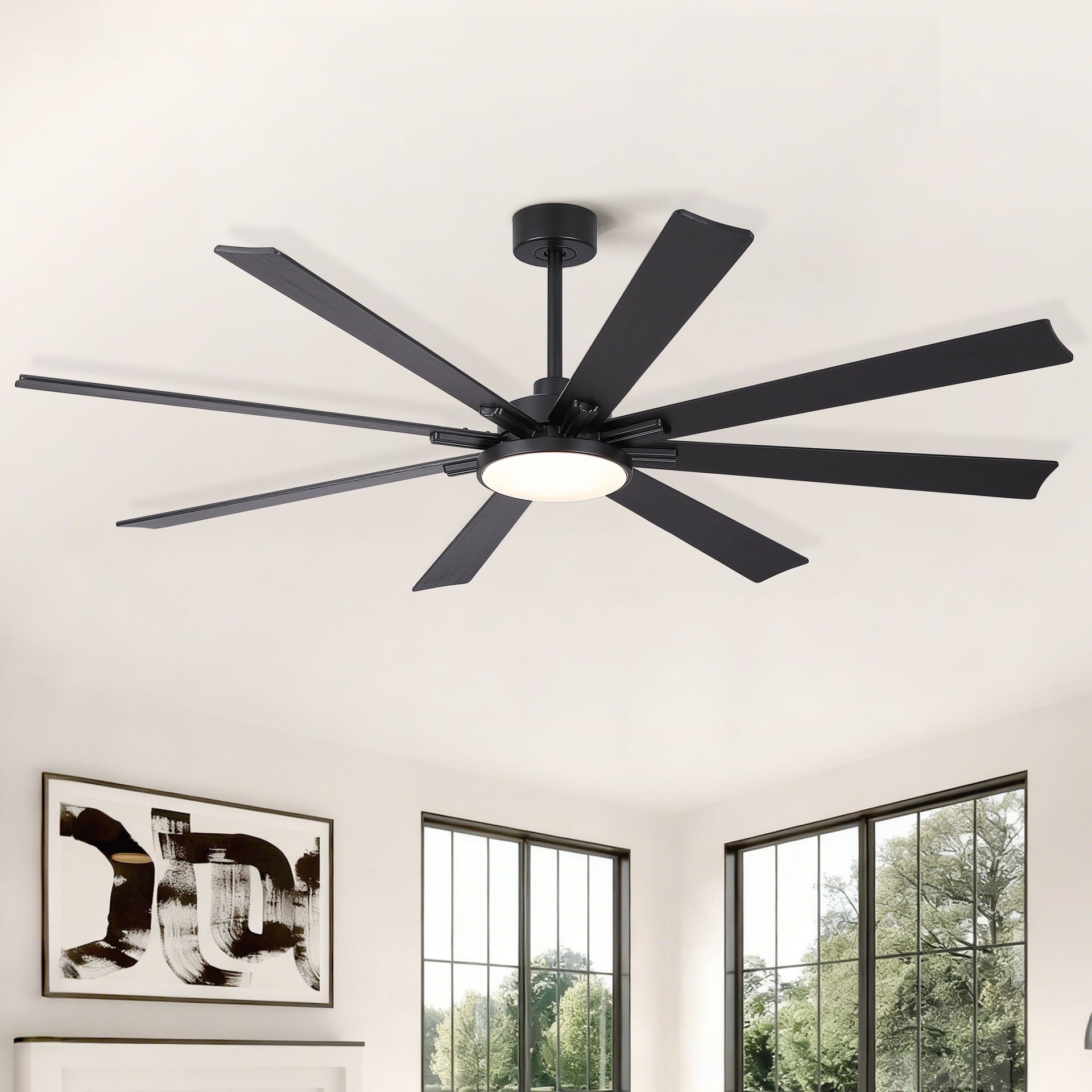 72 inch Mordern Minimalism Black Ceiling Fan with Light and Solid Wood Blades