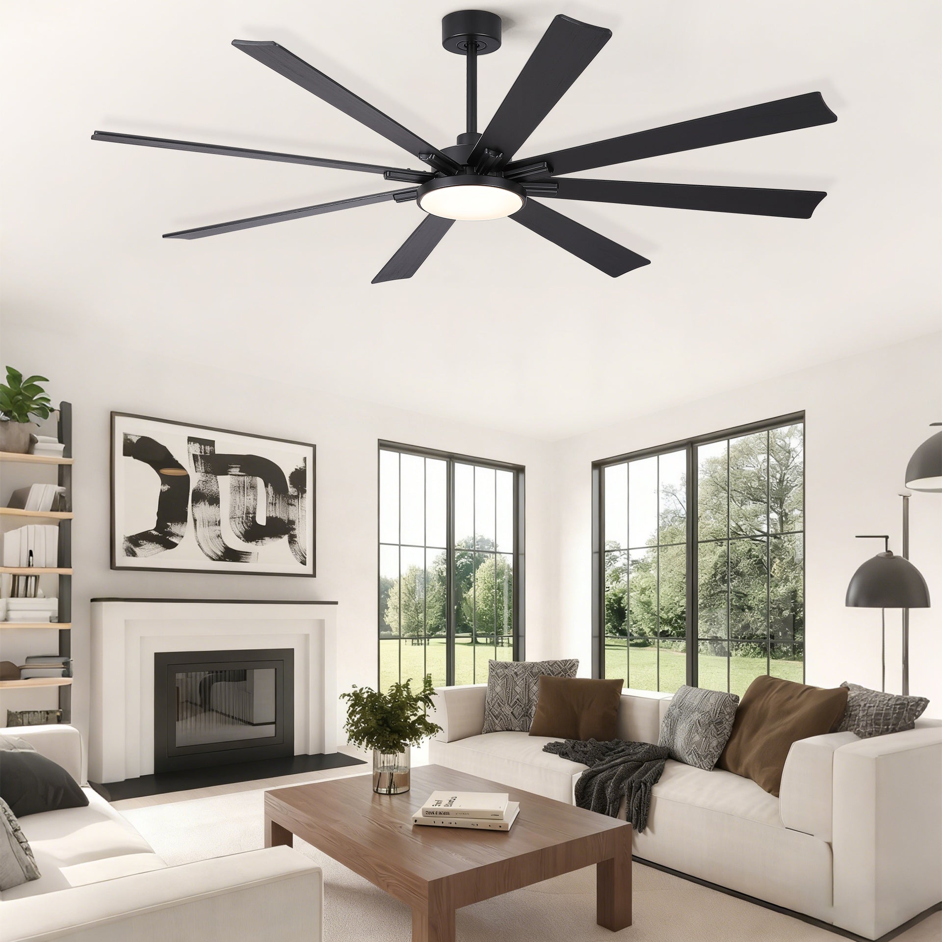 72 inch Mordern Minimalism Black Ceiling Fan with Light and Solid Wood Blades
