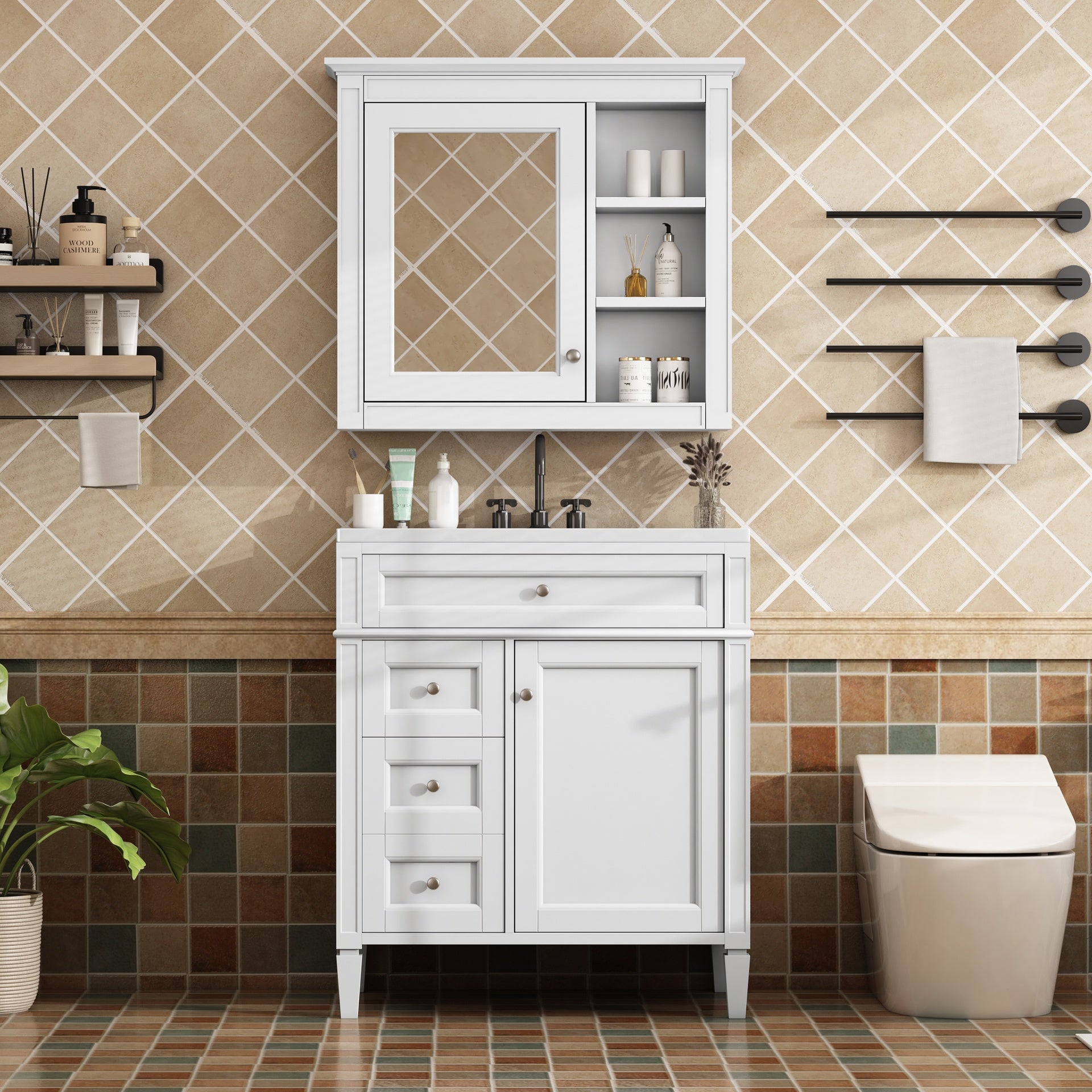 30'' Bathroom Vanity with Top Sink, Modern Bathroom Storage Cabinet with 2 Drawers and a Tip-out Drawer,  Freestanding Vanity Set with Mirror Cabinet, Single Sink Bathroom Vanity