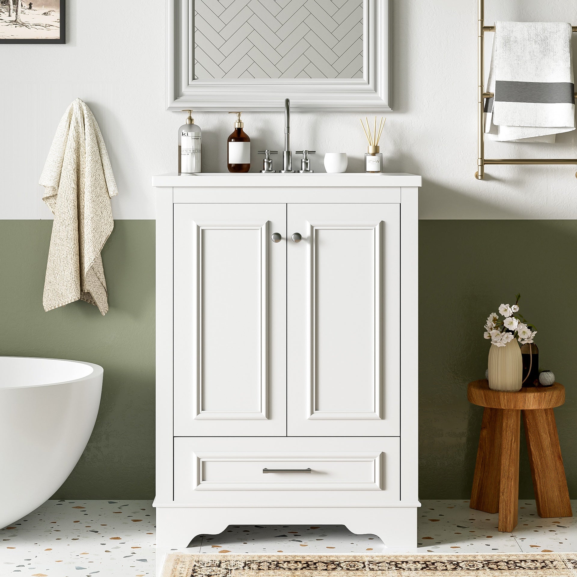 24'' Bathroom Vanity with Ceramic Sink Combo, Modern Freestanding Storage Cabinet  with Silver Handles,  Soft Closing Doors