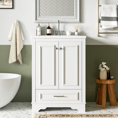 24'' Bathroom Vanity with Ceramic Sink Combo, Modern Freestanding Storage Cabinet  with Silver Handles,  Soft Closing Doors